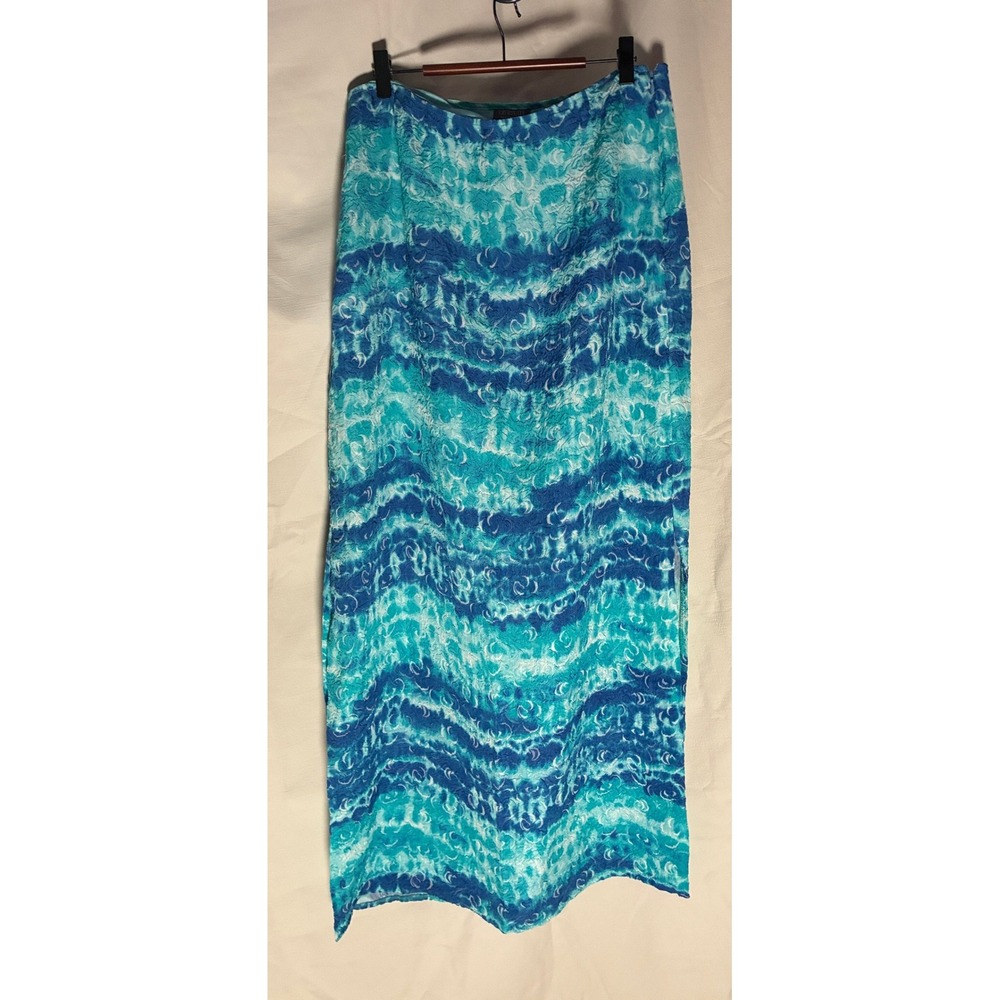 Lafayette 148 New York Silk Maxi Skirt 16 Crinkle Blue Turquoise Watercolor Wave
